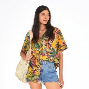 FARM Rio Button Up Short Sleeve Sz S Yellow Tropical Print Novelty Monkey Floral